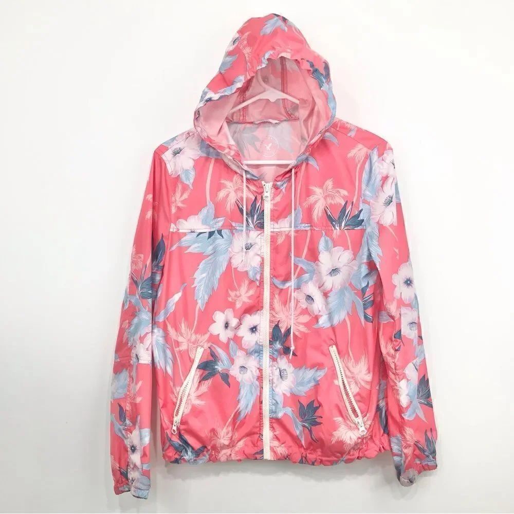 American Eagle Outfitters Pink Tropical Floral Zip Up Windbreaker Jacket